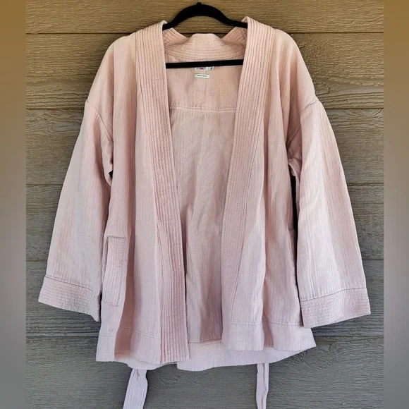 Faherty Pale Pink Cotton Kimono Cardigan with Wrap Around Tie Sz M - Picture 4 of 6